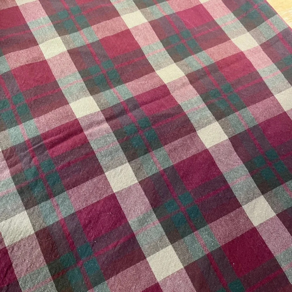 Vtg Park Designs Plaid Tablecloth Burgundy Green Tan Cotton 52x50 Farmhouse